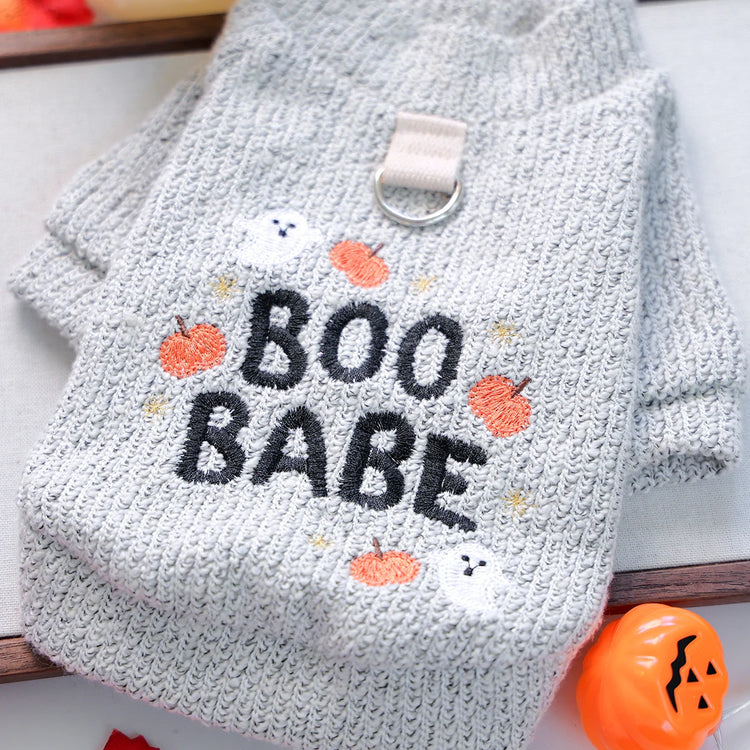 1PC Pumpkin Ghost Halloween Crew Neck Pet Clothes Dog Light Grey Pet Sweater with "BOO BABE" Text