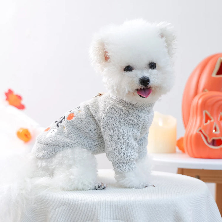 1PC Pumpkin Ghost Halloween Crew Neck Pet Clothes Dog Light Grey Pet Sweater with "BOO BABE" Text