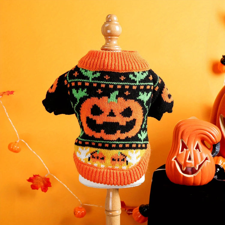 Pumpkin Halloween Sweater Pet Clothes Dog Cat Black Splicing Orange Thickened Warm Funny Pullover Elastic Knitted Sweater