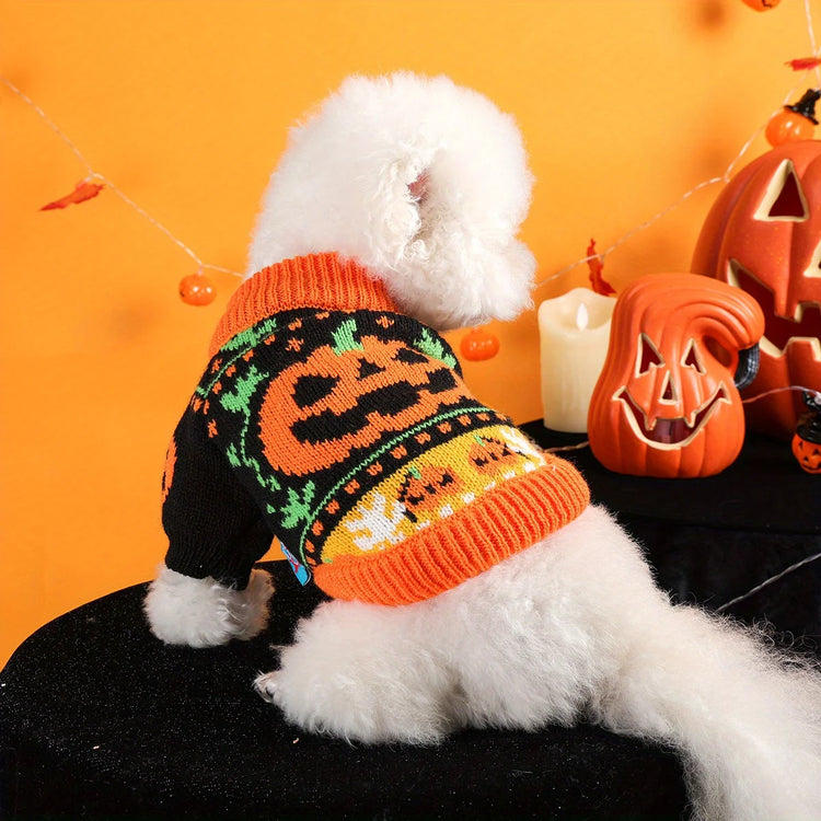 Pumpkin Halloween Sweater Pet Clothes Dog Cat Black Splicing Orange Thickened Warm Funny Pullover Elastic Knitted Sweater