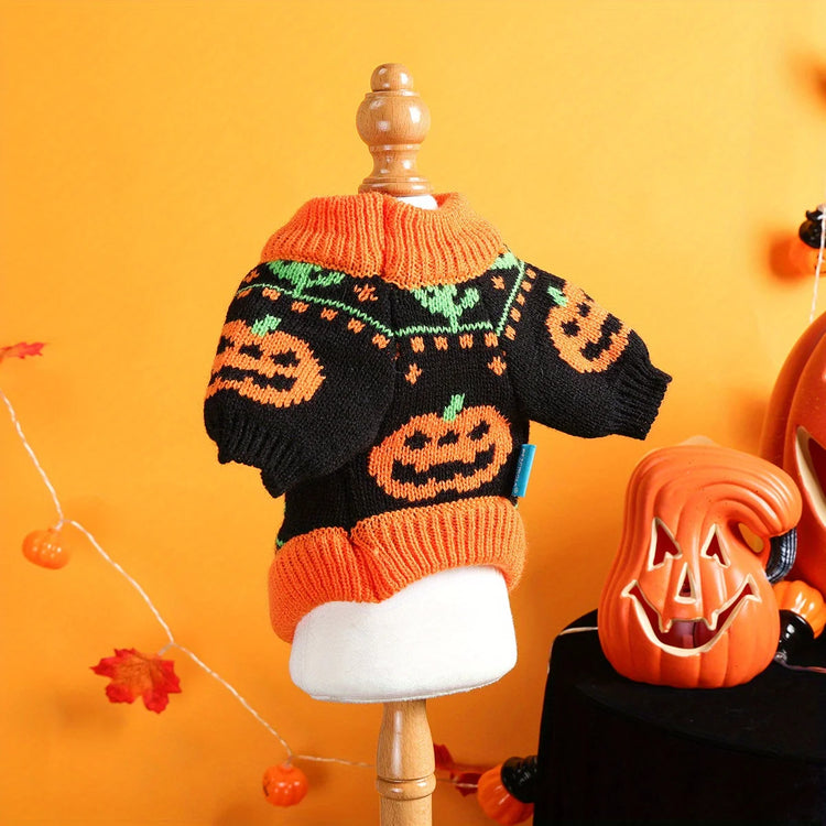 Pumpkin Halloween Sweater Pet Clothes Dog Cat Black Splicing Orange Thickened Warm Funny Pullover Elastic Knitted Sweater