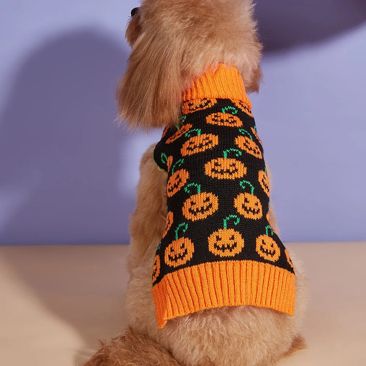 Halloween Dog Sweater Pumpkin Pet Turtleneck Sweater Dog Knitwear Warm Cat Sweatershirt