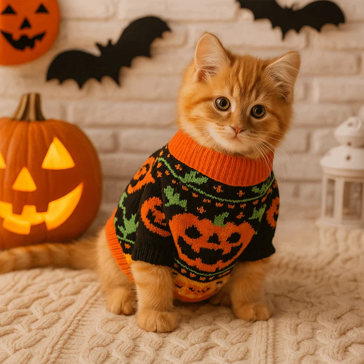 Turtleneck Design Halloween Dog Sweater Warm Pumpkin Costume Pumpkin Pet Sweater Comfortable Soft Cat Sweatershirt Cat Costume