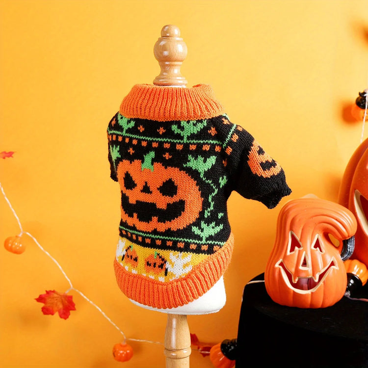 Pumpkin Halloween Sweater Pet Clothes Dog Cat Black Splicing Orange Thickened Warm Funny Pullover Elastic Knitted Sweater